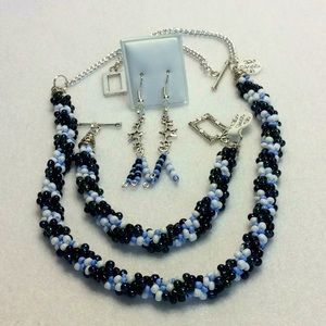 FINAL SALE PRICE Lia Rosa OOAK Woven Jewelry Set in Blk, Blue & Wht